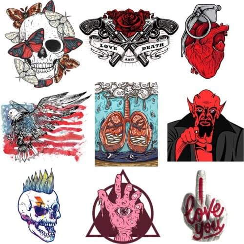 Punk Skull Stripe Iron On Transfer For Clothing Sticker Biker Patch Thermo-Stickers On Clothes DIY Hippie Stickers T-shirt Decro