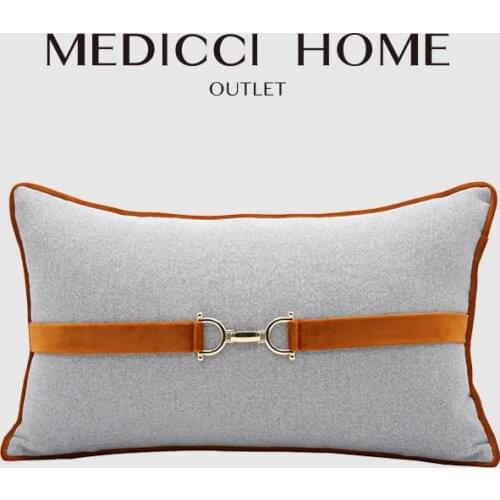 Medicci Home Top Grade Cushion Cover H Orange Gray Color Horsebit Buckle Decoration Luxury Lumbar Pillowcase 30X50 Free Shipping