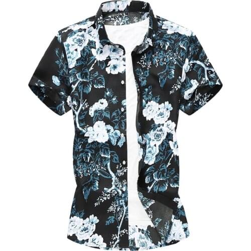 Summer New Men Floral Printed Hawaiian Vacation Party Casual Shirts Hip Hop Fashion Short Sleeve Black Shirt Plus Size 6XL 7XL