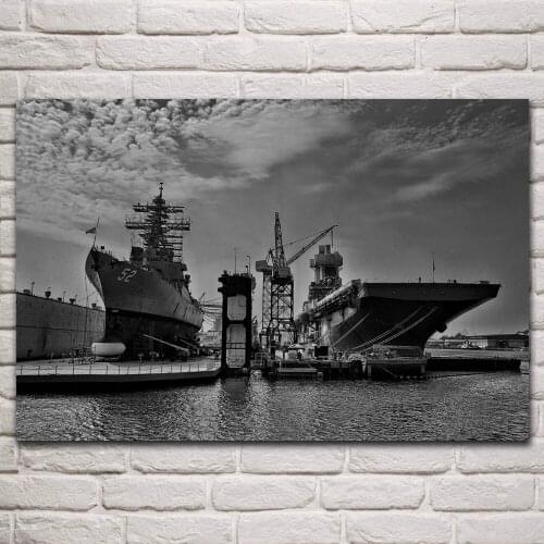 Carrier warship in harbor black white military monochrome artwork posters on the wall picture home living room decoration KP824