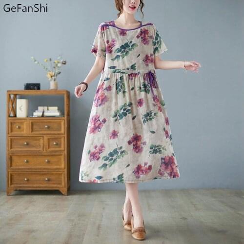 2021 Cotton Linen Dress Summer Women Dress Loose Casual Short Sleeve O-Neck Floral Fashion Elegant Ladies Dresses Vestido Robe