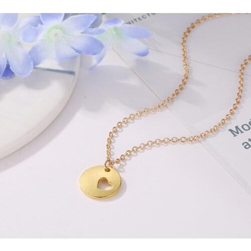 Hollow Out Love Heart Shape Metallic Circle Pendant Thin Chain Golden Necklaces For Women