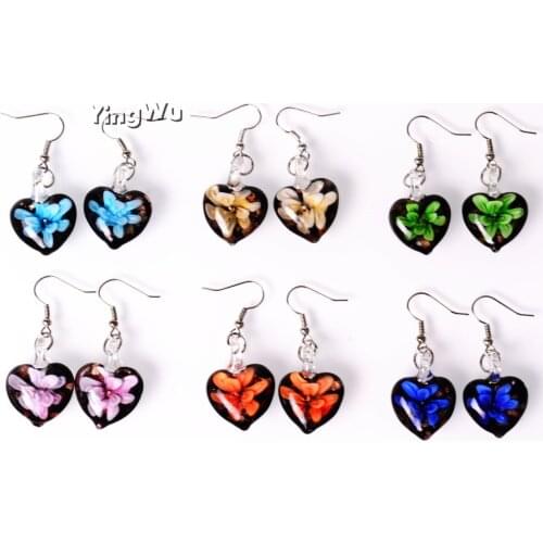 Yingwu 12Pairs/lot Romantic Earring Heart Lampwork Glass Pendants Flower Murano Glass Charms Earrings Jewelry Wedding