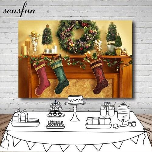 Sensfun Vinyl Photography Background Christmas Socks Backdrop Tree Balls Indoor Backdrops for Photo Studio 7x5ft Vinyl