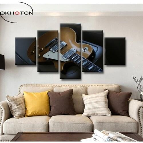 OKHOTCN Modern Canvas Pictures Wall Art Modular 5 Panel Guitar Musical Instruments Poster Living Room Home Decor Painting Framed