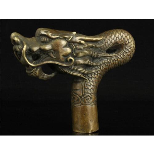 China Old Handwork Carving Bronze Dragon Statue Cane Head Walking Stick Free shipping