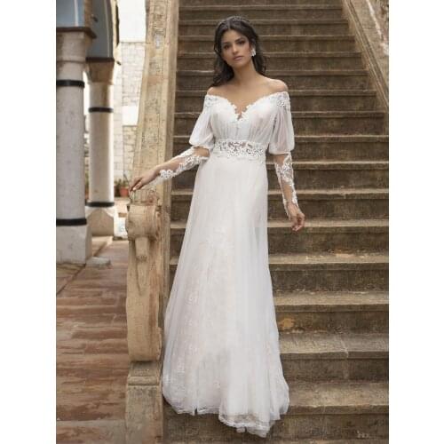 Boho Off The Shoulder Lace Wedding Dress Long Sleeves Beach Buttons Plus Size Princess 2021 Tulle A Line Bridal Gown Custom Made