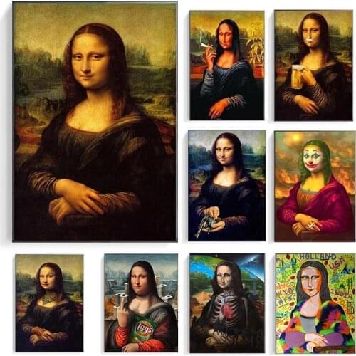Funny Mona Lisa Drink and Smoking Posters Wall Art Canvas Print Pictures Da Vinci Famous Paintings for Home Living Room Decor