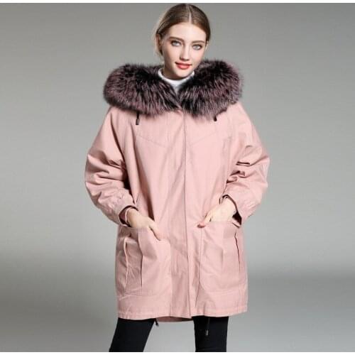 Big Large Natural Real Raccoon Fur Collar Hooded Long Parka Jacket Women Coat Ladies 2020 Winter Warm Pink Outwear Oversized
