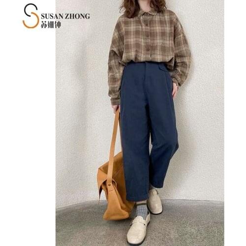 Women Pants Feme Trousers 2021 Spring Summer New Natural Normcore Indi Clothing Loose Wide-Leg Cotton Elastic Waist Button Retro