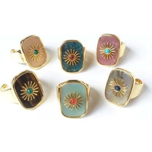 FUWO Trendy Women Natural Crystal Quartz Copper Rings Elegant Carved Gold Color Fashion Jewelry Fit Female Wedding Party RG026