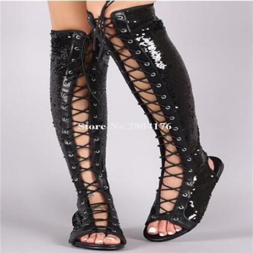 Ladies Bling Bling Open Toe Sequined Lace-up Knee High Flat Gladiator Boots Cut-out Blue Grey Gold Long Boots