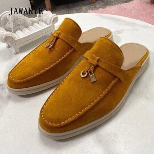 Quality Suede Women Half Loafers Closed Toe Lock Decor Leisure Slippers Comfort Thick Sole Daily Slides 2021 Autumn Mules