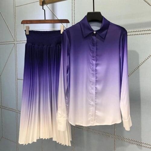 Autumn Winter Women Casual Outfits Gradient Print Blouse Pleated Skirt Two Piece Set Top and Skirt Suits Tracksuit Outfits