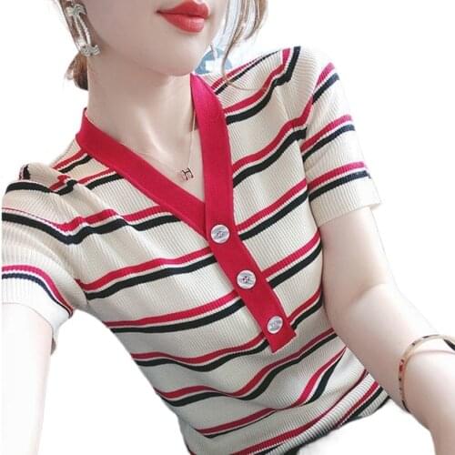 V-neck ice silk button top tide 2021 summer new short-sleeved t-shirt Korean version of wild thin striped sweater women