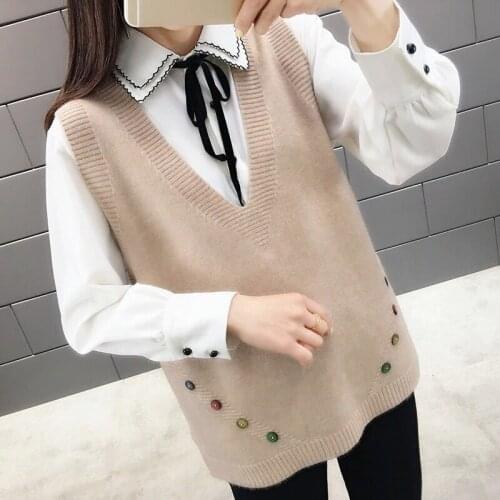 2021 Spring Autumn New Korean Loose Solid Color Sweater V Neck Sleeveless Back Bandage Short Knit Waistcoat Vest Women X402