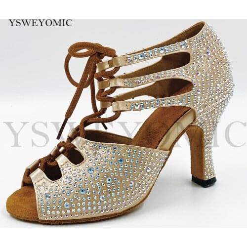 2020 Women Latin Ballroom Indoor Dance Shoes Flesh Rhinestiones Elegance Style Stable High Heel 8cm Salsa Dance Shoes in Stock