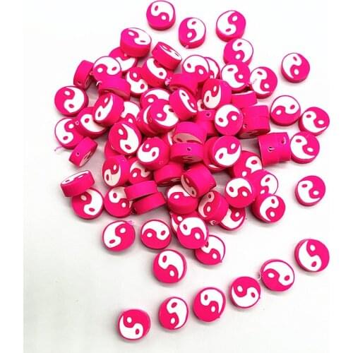 30pcs10mm Rose Red Tai Chi Design Polymer Clay Spacer Loose Beads for Jewelry Making DIY Bracelet Accessories