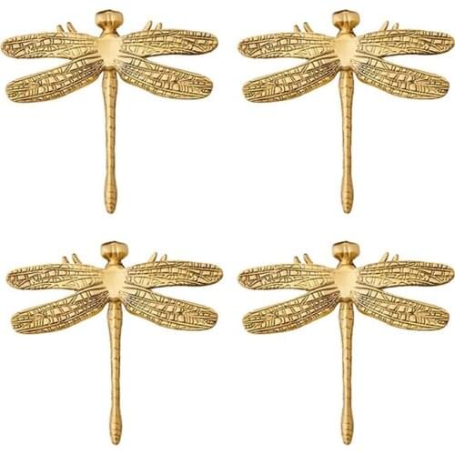4Pcs Dragonfly Handle Knobs Brass Gold Knobs for Cabinets for Kitchen Cupboard Bedroom Furniture Door (with Screws)