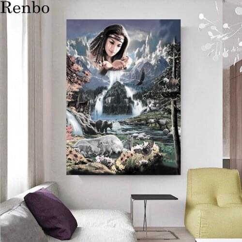 5D Diamond Painting Indian woman waterfall DIY Full Square Drill animals bear wlof eagle Diamond Embroidery Cross Stitch decor