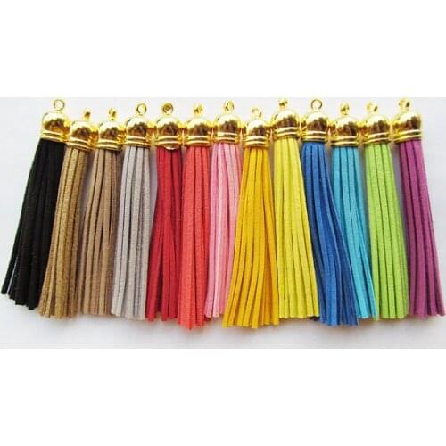 Free Shipping 100Pcs 90mm Mixed Suede Leather Jewelry Tassel For Key Chains/ Cellphone Charms Top Plated End Caps Cord Tip