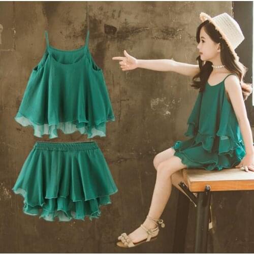 Kids Sets Baby Girl Summer Clothes Children Sleeveless Outfits Chiffon Top Shorts Girls Princess Party Clothing Set 3-13 Years
