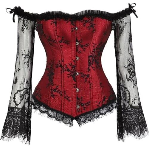 Women with Long Sleeves Corset Top Bustier Lingerie Renaissance Plus Size Lace Floral Sexy Costumes Burlesque Red Black White