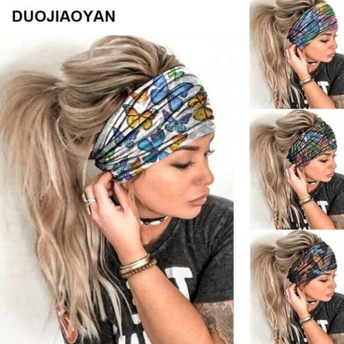 DUOJIAOYAN Wide-brimmed elastic fitness headband European and American fashion ladies sports headband printing retro headband
