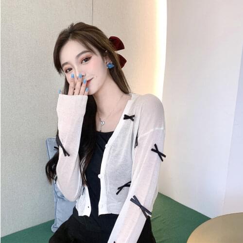 Summer Female Knit Thin Cardigan Sweater Coat Girls Knitted Short Bowknots Single-breasted White Sweaters Tops For Women