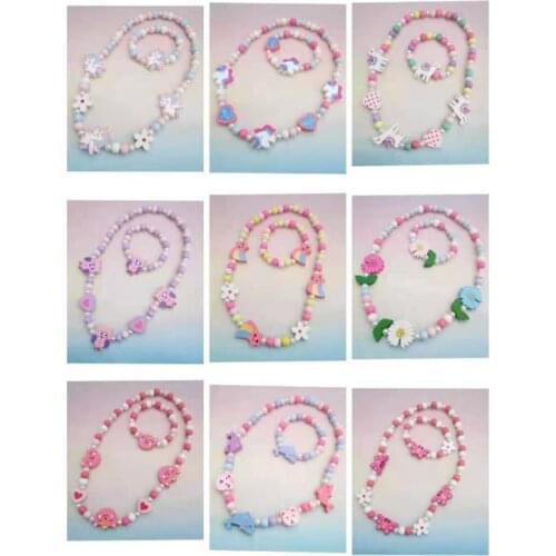 Cartoon Colorful Wooden Unicorn Flower Animal Child Sweater Necklace Bracelet 1 Set Girls Gifts Childrens Jewelry Kids Toys
