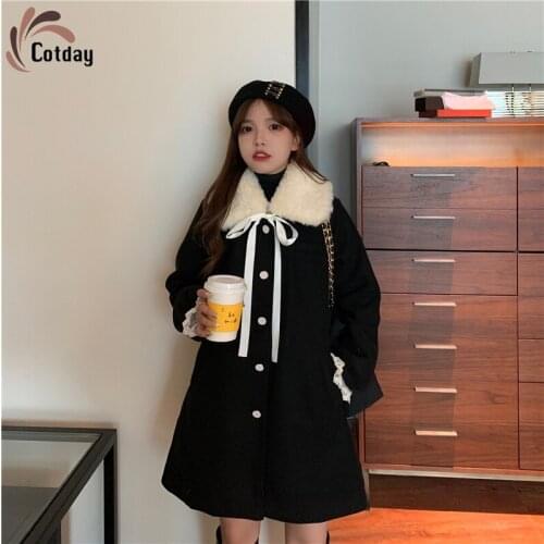 Cotday Single Breasted Loose Sweet Turn-down Collar Removable Fur Collar Lovely Winter Preppy Style Temperament Woolen Coat