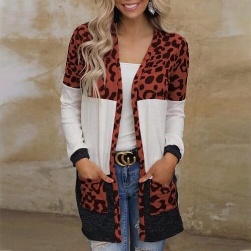 Autumn Elegant Women Open Stitch Jacket V Retro Collar Leopard Print Stitching Full Sleeve Long Jacket Autumn Loose Jacket Femme