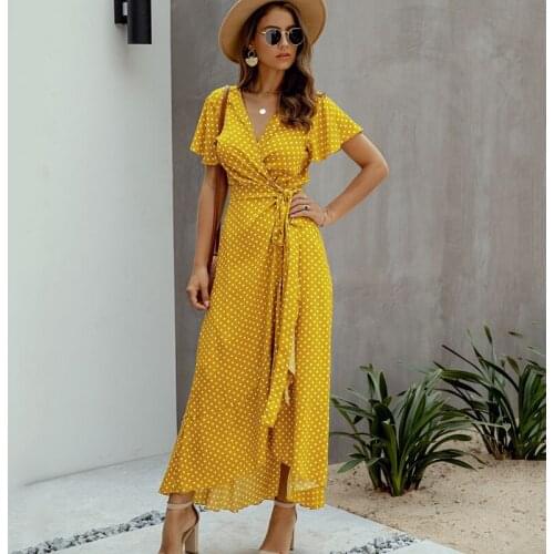 Summer Maxi Dress Women Polka Dot Sexy V Neck Ruffles Short Sleeve Holiday Long Beach Sundress Ladies Lace Up Wrap Party Dresses