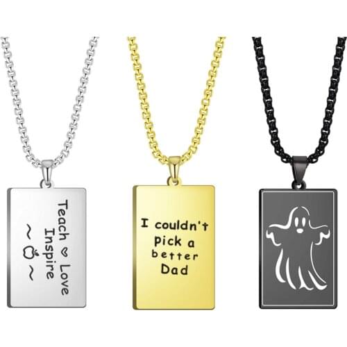 Skyrim Personalized Rectangle Pendant Necklace Message Words Pictures Custom Stainless Steel Box Chain Necklaces Jewelry for Men