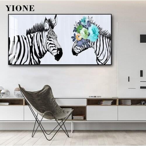 Modern Animal Zebra with Flowers Lover Canvas Paintings Yellow White Simple Posters and Prints Wall Art Pictures for Living Room