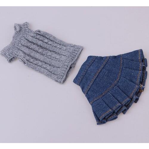 Stylish 2pcs Clothes Suit for 1/6 Blythe Licca OB Girl My Life Dolls Knit Sweater Denim Skirt Gray&Blue