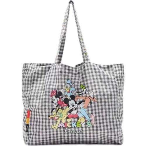 The Same Disney New Mickey Canvas Bag Female Plaid Cartoon Pattern Shopping Bag Large Capacity Cute Bag Mommy Bag