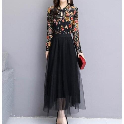 Long Sleeve Loose 3XL Plus Size Loose Dress autumn new lace ethnic style stitching mesh yarn temperament bottoming dress