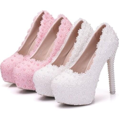 Fashion Women Pumps Shoes Lace Rhinestone Round Toe Thin Heels White Delicate Sweet Wedding High Heel Shoes