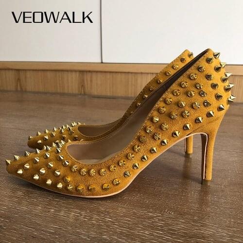 Veowalk Light Yellow Women Synthetic Suede Stiletto High Heels Sexy Spikes Pointed Toe Flock Pumps for Ladies Rivets Party Shoes