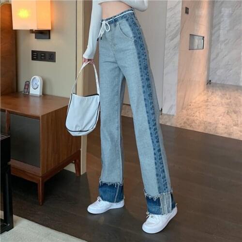 Varofi Spring and autumn new style design feeling burr down feeling straight trousers women big size loose dad jeans