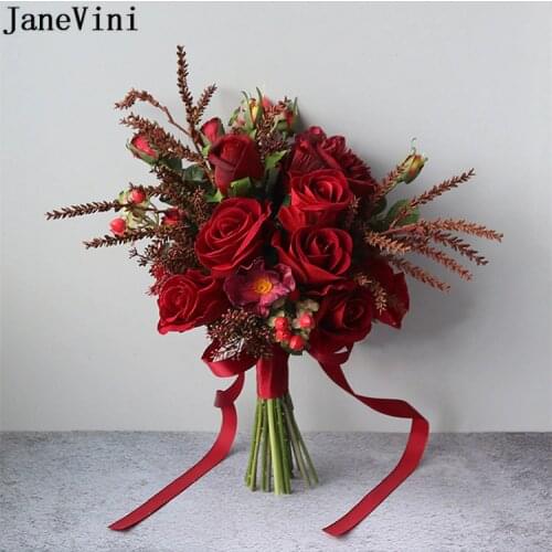 JaneVini Vintage Red Rose Peony Bridal Bouquet Bride Silk Artificial Hand Flowers Wedding Bouquets Fleur Acessorios De Noiva