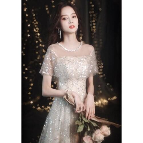 Women Sexy Short Sleeve Round Neck Sequins Evening Party Dresses Ball Prom Gown Elegant Long A-line Tulle Dress vestido de festa