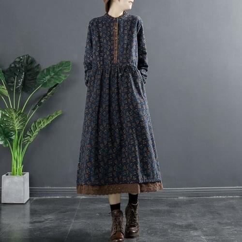 Women Cotton Linen Long Dress New Stand Collar Button Vestidos 2021 Autumn Vintage Floral Print Patchwork Lace Dresses Elegant