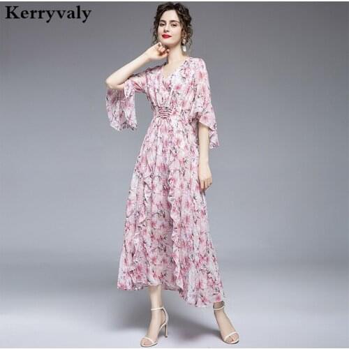 French Vintage Pink Floral Chiffon Maxi Dress Zomerjurk Dames 2021 Waist Hugging Drawstring Fairy Dress Vestido Longo K6932