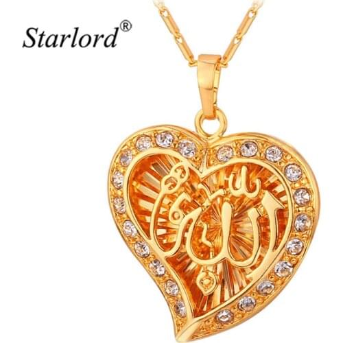 Starlord Allah Pendant Heart Fine Jewelry New Vintage Rhinestone Necklace Women Gold Color Muslim Islam Allah Necklace P910