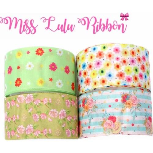 16mm-75mm Flora Series Colorful Little Flower Printed Grosgrain/Elastic Ribbon Blue with White Stripes DIY Hair Bow 50yards/roll