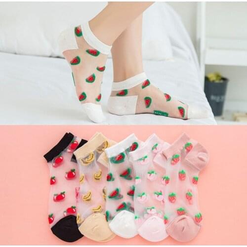 5 Pairs Women Transparent Crystal Fiber Boat Socks Cute Watermelon Fruit Jacquard Summer Ultra-Thin Invisible Hosiery