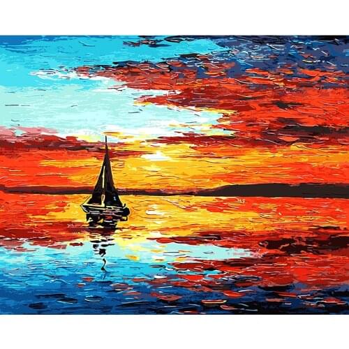 Frameless DIY Oil Painting Pictures By Numbers for adults Sunset boat On Canvas Wall Pictures Wall Art For Living Room