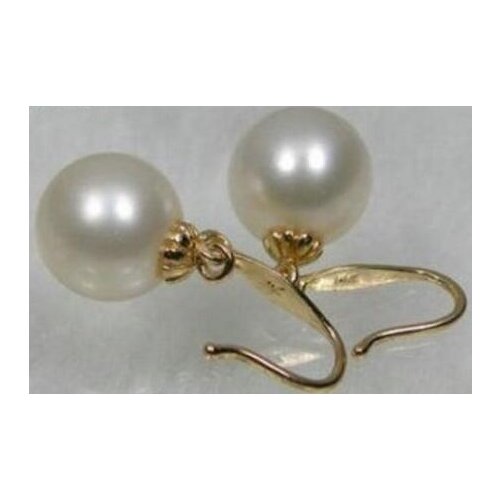 Free shipping >>>>noble jewelry PERFECT ROUND AAA 8-9MM AAA WHITE SOUTH SEA PEARL DANGLE EARRINGS 14K GOLD